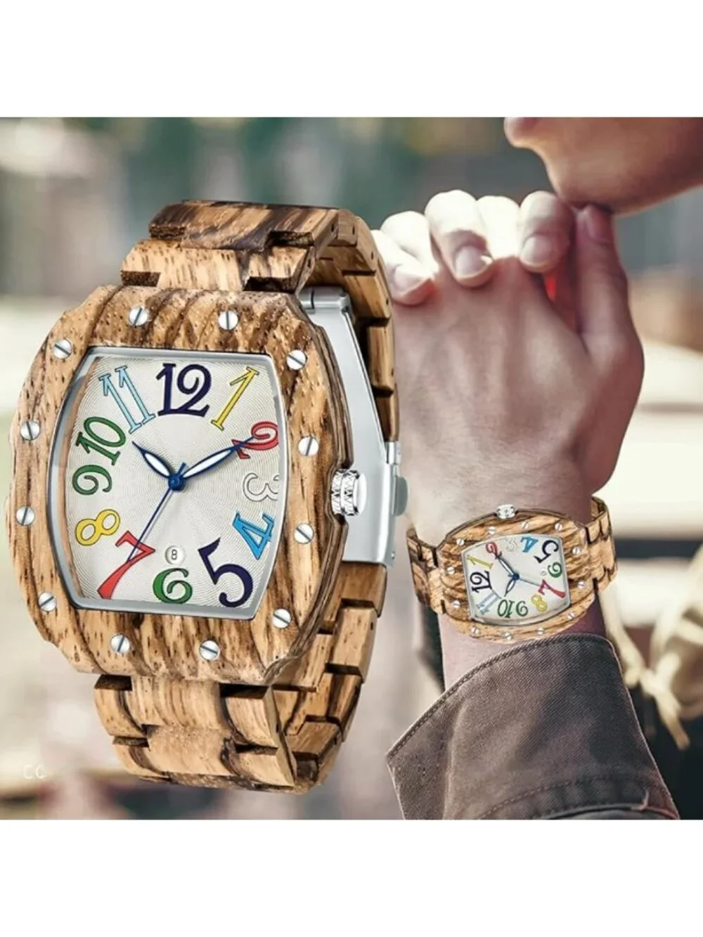 Mens Watch Two Tone Wood Rectangle Handmade Analog Dial Quartz Casual Wristwatch